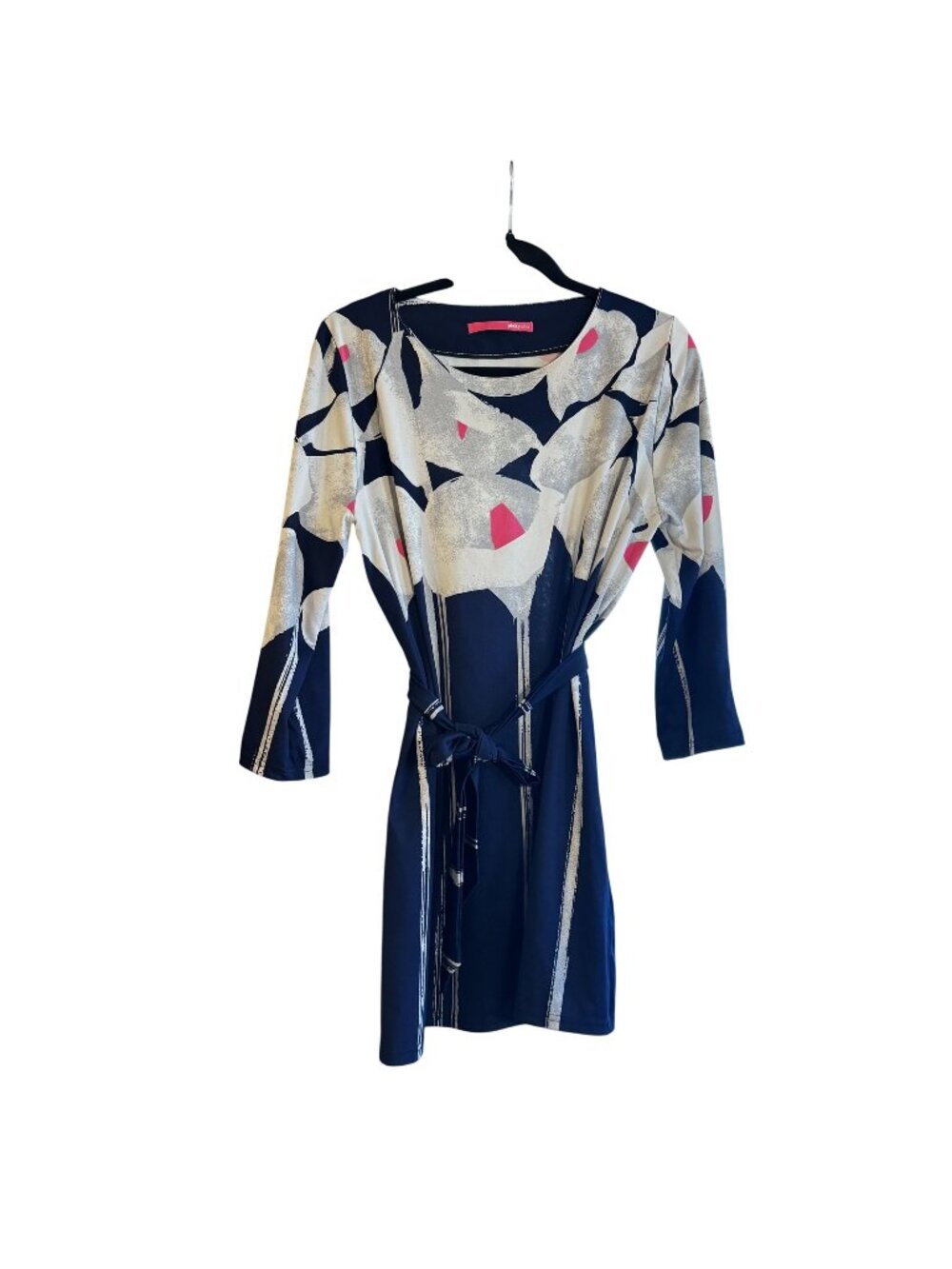 Pinkyotto Abstract Print Shift Dress Navy/Beige with Self-Tie Waist